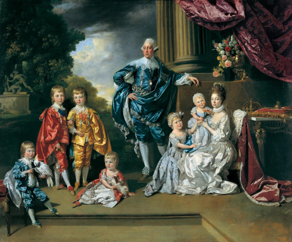 El rey Jorge III y la reina Carlota con sus seis hijos mayores.