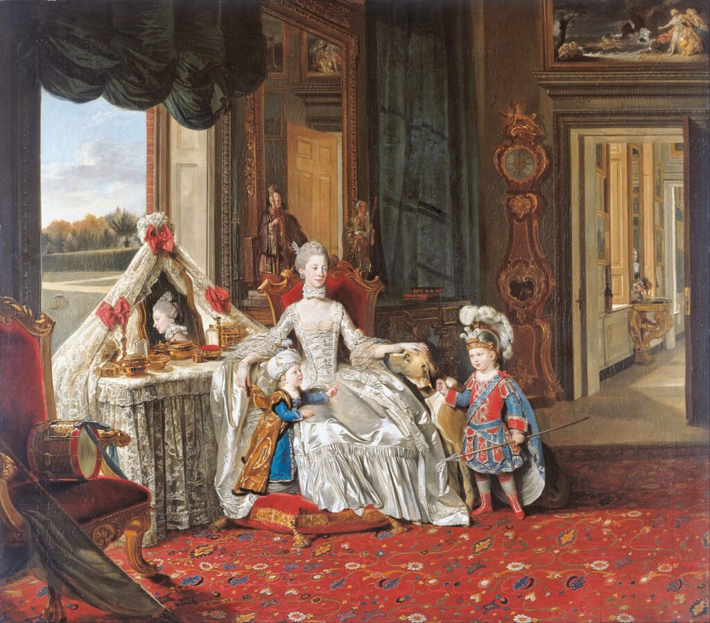 historia real reina Charlotte. Reina Carlota con sus dos hijos mayores por Johan Zoffany,