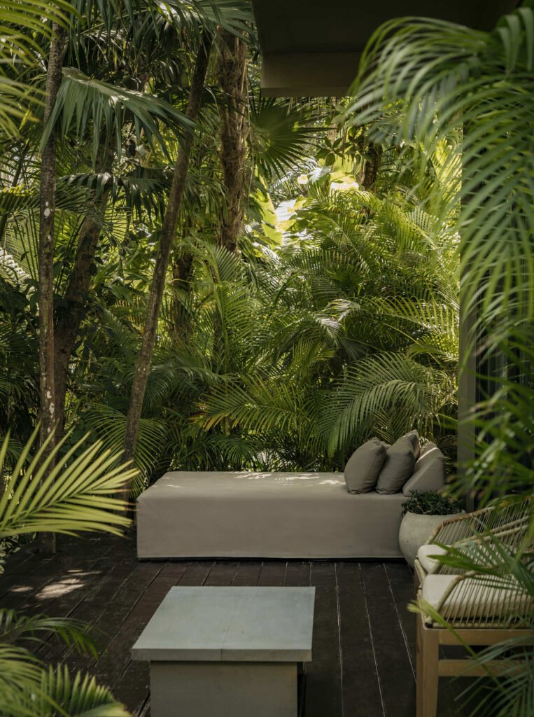 Cama y almohadas entre hojas y palmeras en Casa Malba