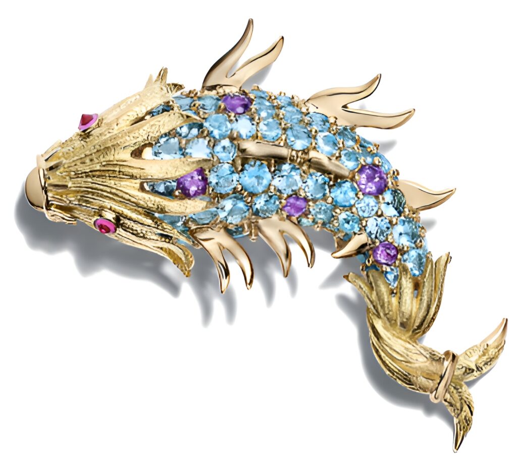 Broche de oro amarillo con aguamarinas, amatistas y zafiros rosas